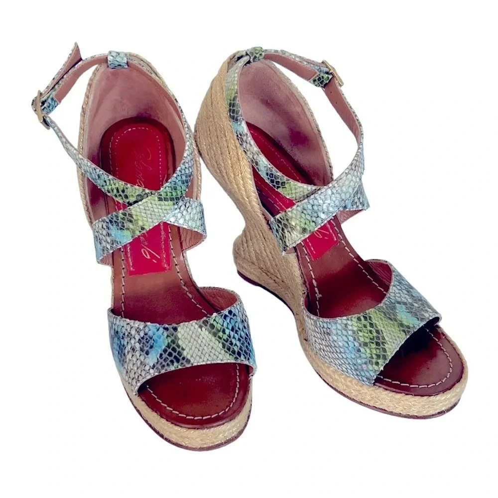 Paloma‎ Barcelo Snakeskin 4” Funky Shape Espadrille Wedge Strap Sandals size 10